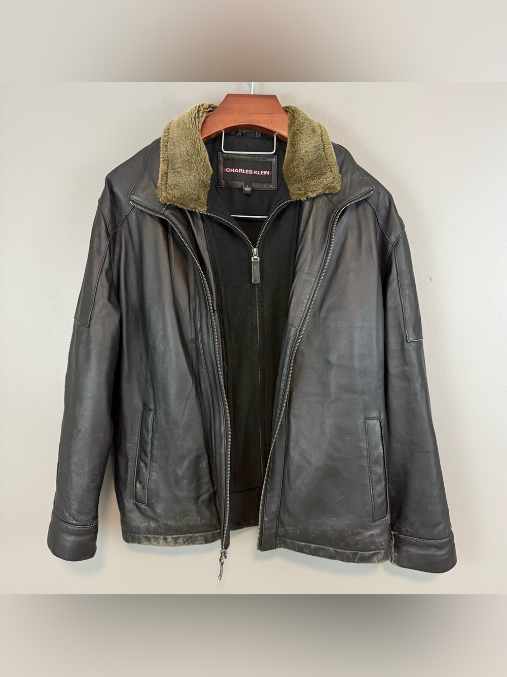 Charles Klein Leather Jacket Mens Large Black Faux Fur Collar Zip Coat